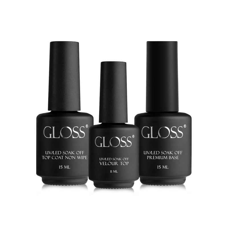 GLOSS Basic set 1 (premium base 15 ml, top non wipe 15 ml, volour top 11 ml)